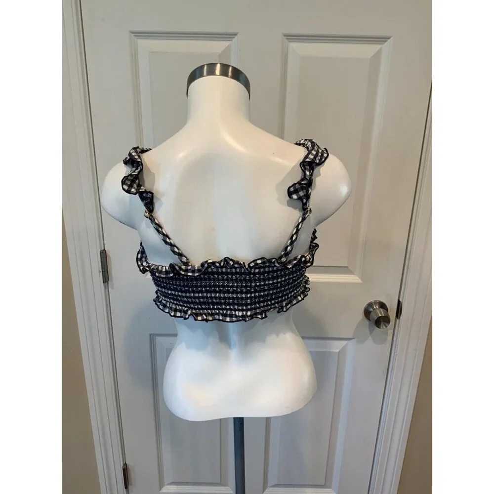 Tory Burch Blue & White Gingham Plaid Smocked Ruffle Cropped Top, Size M